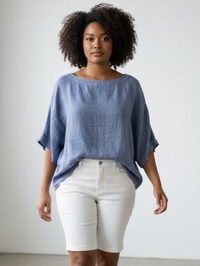 Linen Pure Jill 100 % Linen Boxy Top Oversized Knit Texture Blue Women’s Sz L